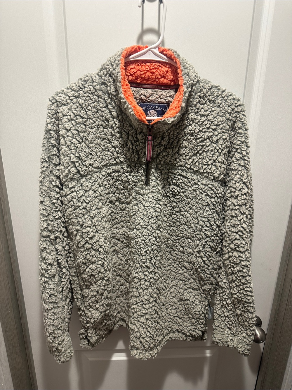 Olive Oak Brand Women's Fleece Pullover Hoodie - Light Gray with Orange Trim